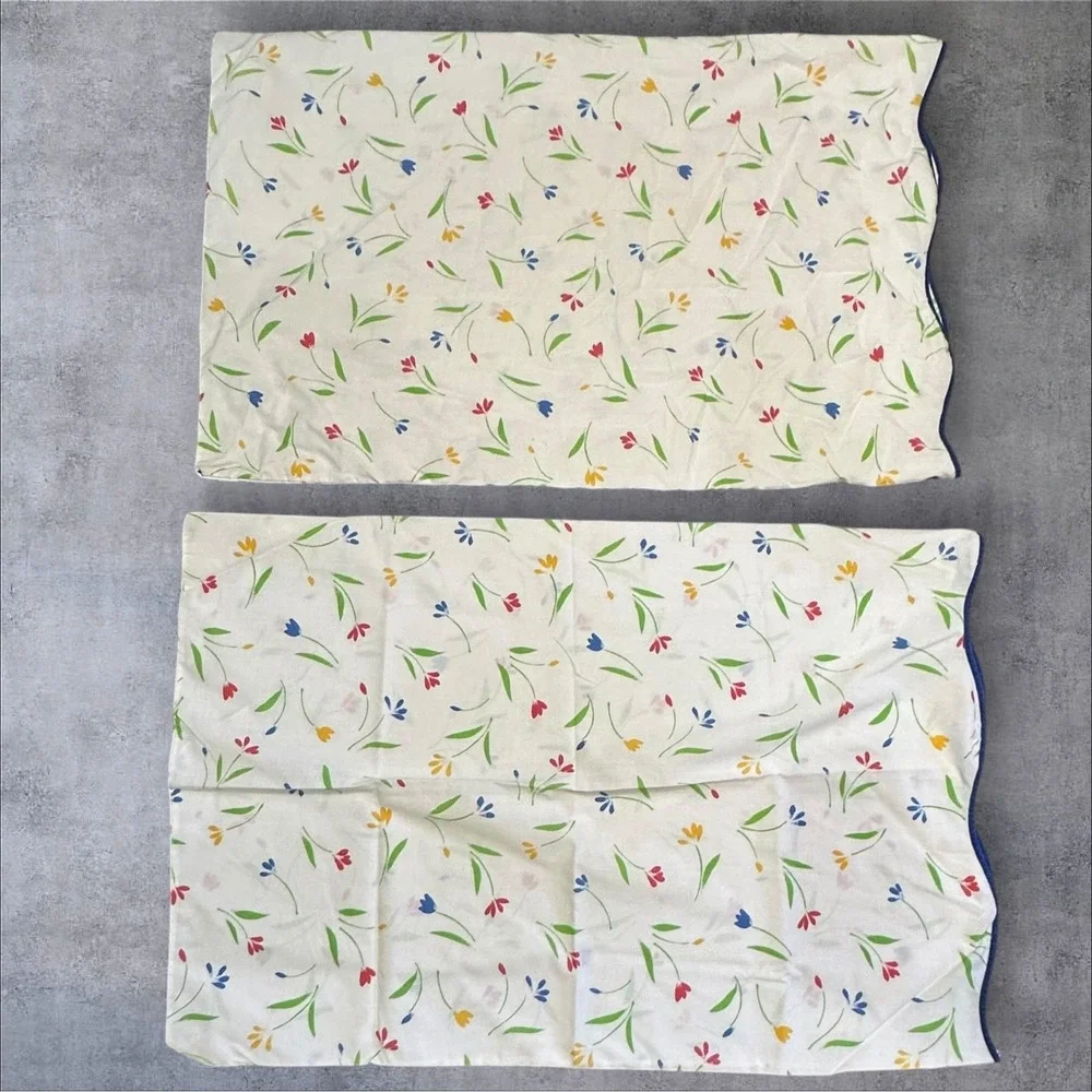 Vintage Wamsutta Sheet Set Double White Floral Scalloped Trim Tulip Cotton Blend